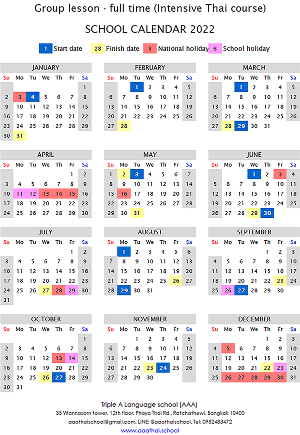 Thai Calendar 2022 School Calendar - Group Lesson Full Time (Intensive Thai Course)